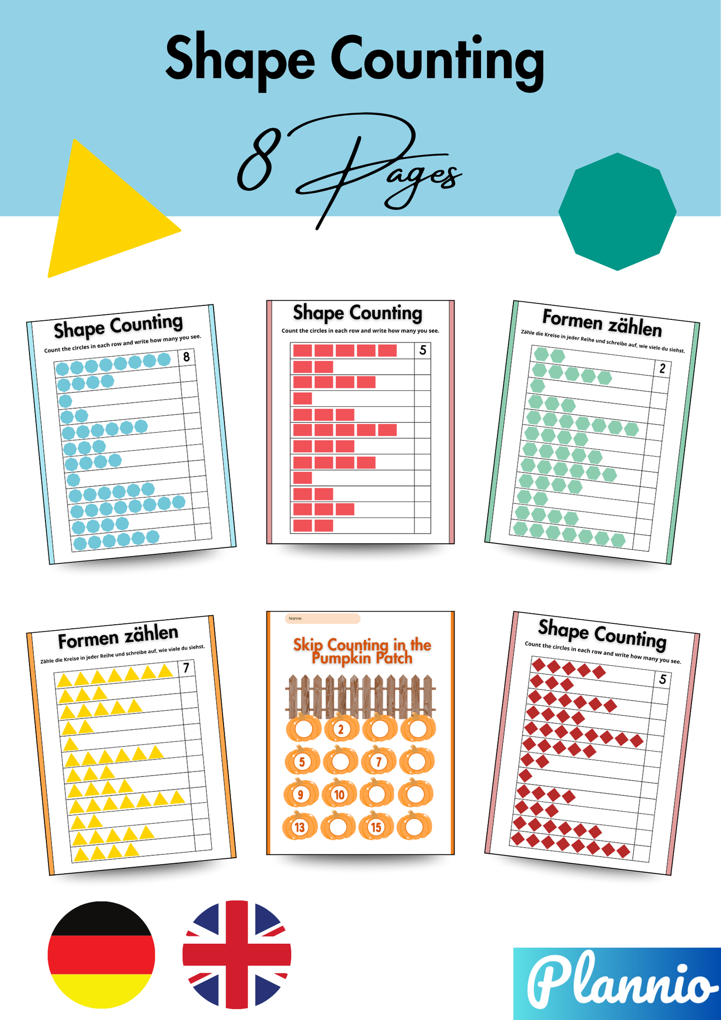 Formen Zählen – 8 kreative Arbeitsblätter zum Ausdrucken