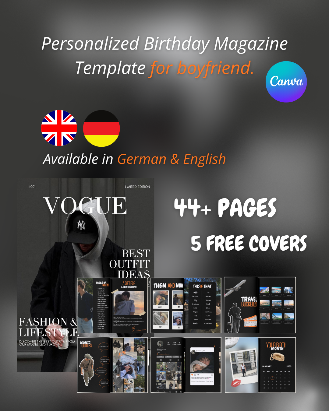 Magazin zum Geburtstag für Männer | Moderne Canva Vorlage | 44+ Seiten | DE & EN | Sofort-Download