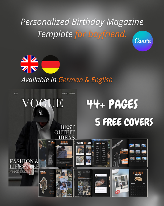 Magazin zum Geburtstag für Männer | Moderne Canva Vorlage | 44+ Seiten | DE & EN | Sofort-Download
